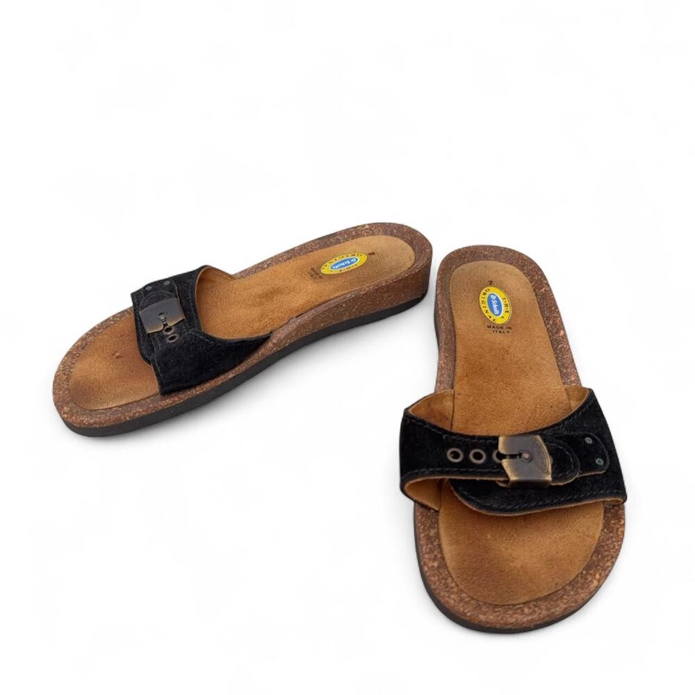 Vintage Dr. Scholl's The Original Black Suede Cork Slide Sandals Size 7